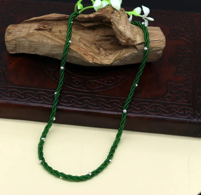 TRIBAL ORNAMENTS Necklaces Elegant custom Necklace with randomly placed silver semiprecious green beads 925 pure silver galaxy necklace triple chain necklace set133