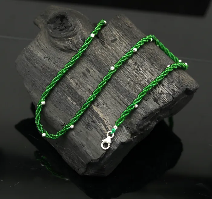 TRIBAL ORNAMENTS Necklaces Elegant custom Necklace with randomly placed silver semiprecious green beads 925 pure silver galaxy necklace triple chain necklace set133