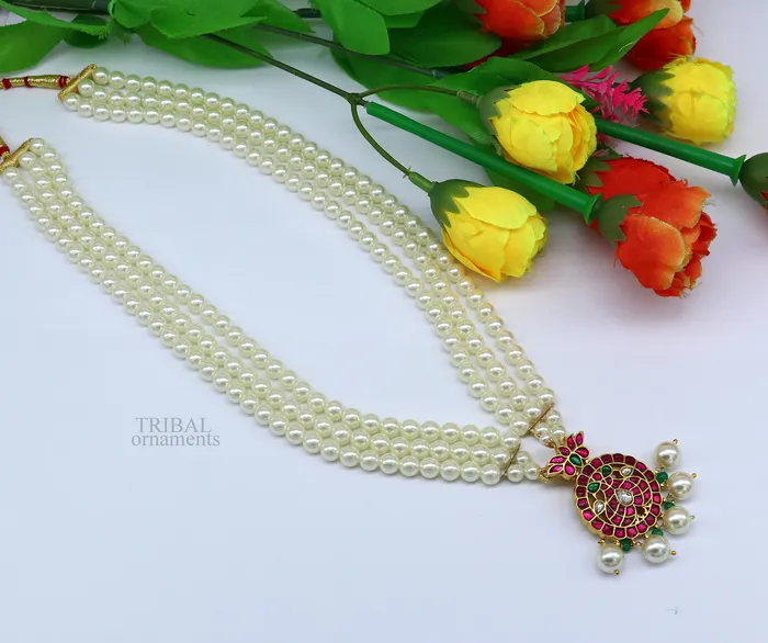TRIBAL ORNAMENTS Necklaces Gold polished over 925 sterling silver kundan jadau necklace customized work pearls necklace brides ethnic belly dance jewelry set330