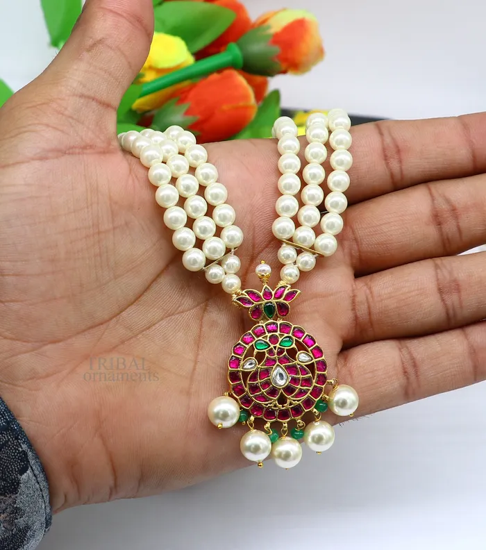 TRIBAL ORNAMENTS Necklaces Gold polished over 925 sterling silver kundan jadau necklace customized work pearls necklace brides ethnic belly dance jewelry set330