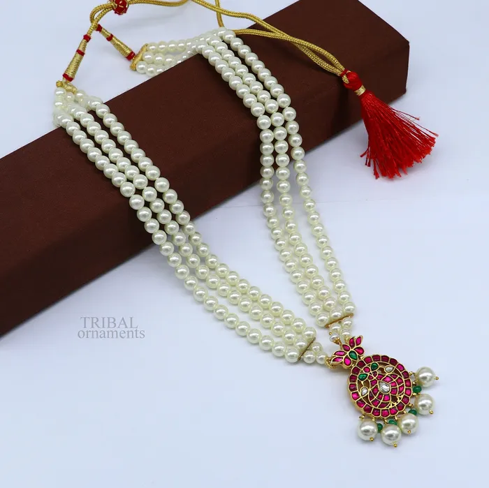 TRIBAL ORNAMENTS Necklaces Gold polished over 925 sterling silver kundan jadau necklace customized work pearls necklace brides ethnic belly dance jewelry set330
