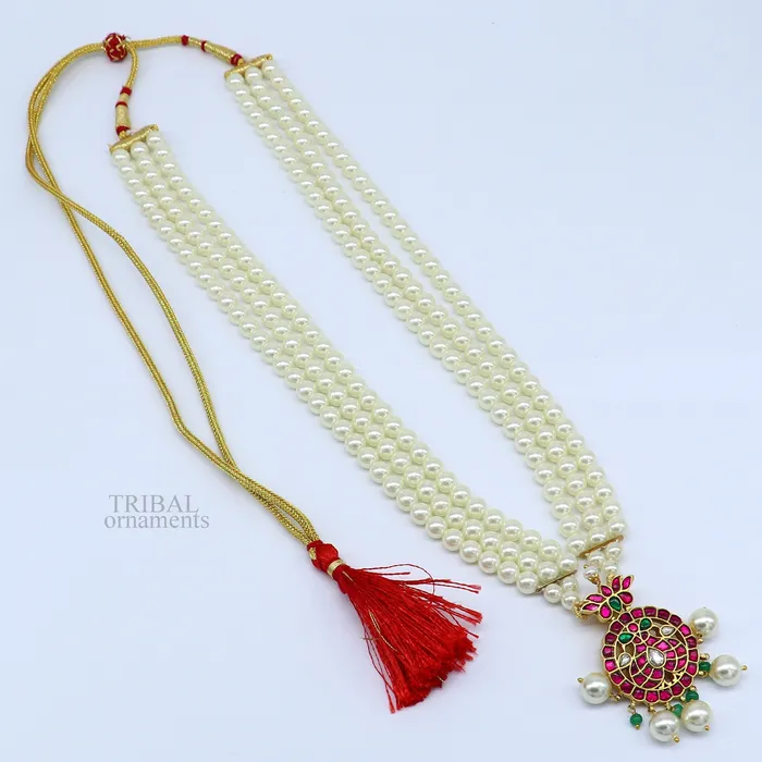 TRIBAL ORNAMENTS Necklaces Gold polished over 925 sterling silver kundan jadau necklace customized work pearls necklace brides ethnic belly dance jewelry set330