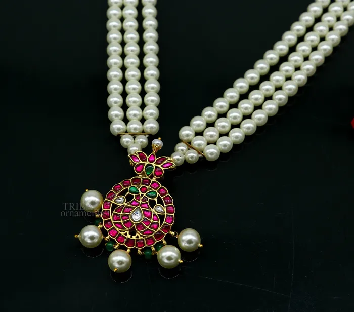 TRIBAL ORNAMENTS Necklaces Gold polished over 925 sterling silver kundan jadau necklace customized work pearls necklace brides ethnic belly dance jewelry set330