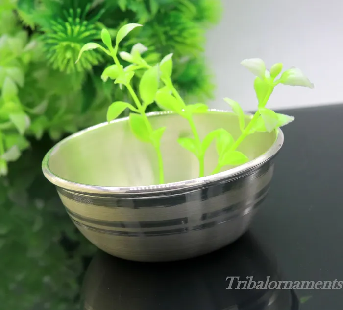 TRIBAL ORNAMENTS Necklaces Handmade 999 fine solid silver bowl tray for baby food pure silver vessels silver utensils home and kitchen accessories india sv27