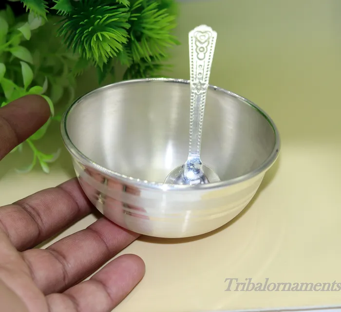 TRIBAL ORNAMENTS Necklaces Handmade 999 fine solid silver bowl tray for baby food pure silver vessels silver utensils home and kitchen accessories india sv27