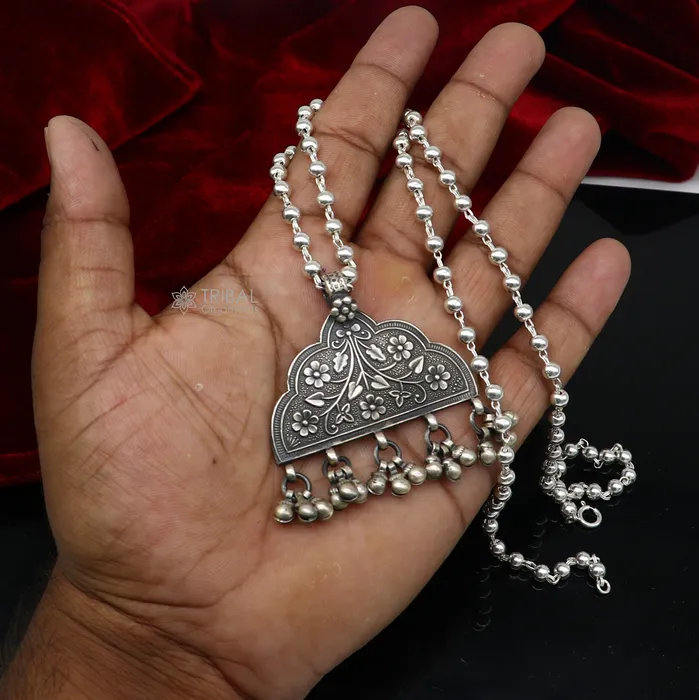 TRIBAL ORNAMENTS Necklaces India traditional cultural style handmade 925 sterling silver chitai work pendant with silver beaded necklace best for all outfit set695