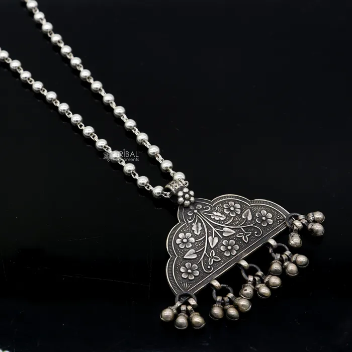 TRIBAL ORNAMENTS Necklaces India traditional cultural style handmade 925 sterling silver chitai work pendant with silver beaded necklace best for all outfit set695