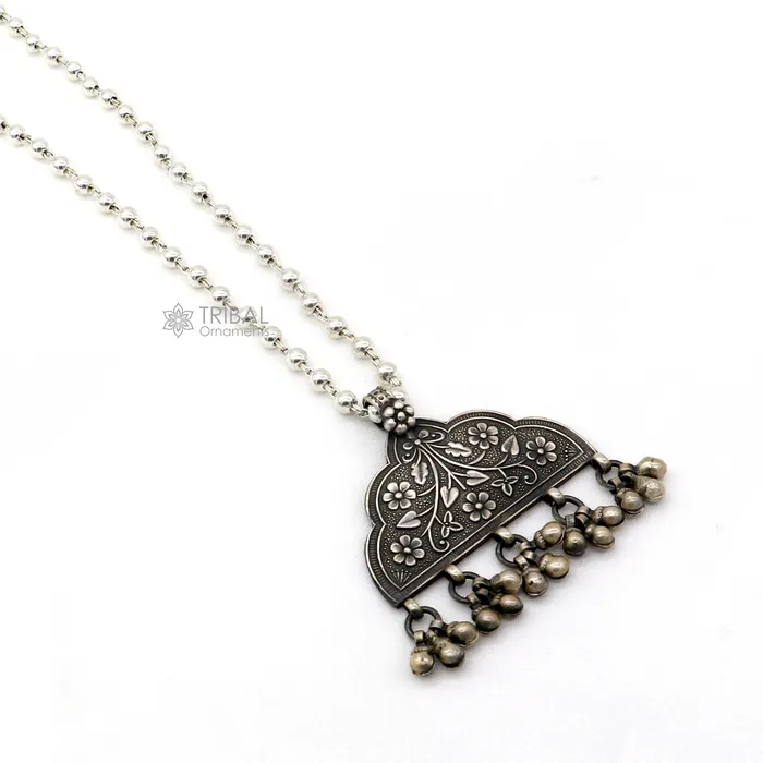 TRIBAL ORNAMENTS Necklaces India traditional cultural style handmade 925 sterling silver chitai work pendant with silver beaded necklace best for all outfit set695
