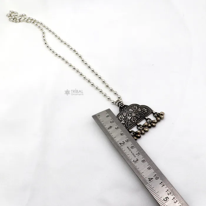 TRIBAL ORNAMENTS Necklaces India traditional cultural style handmade 925 sterling silver chitai work pendant with silver beaded necklace best for all outfit set695