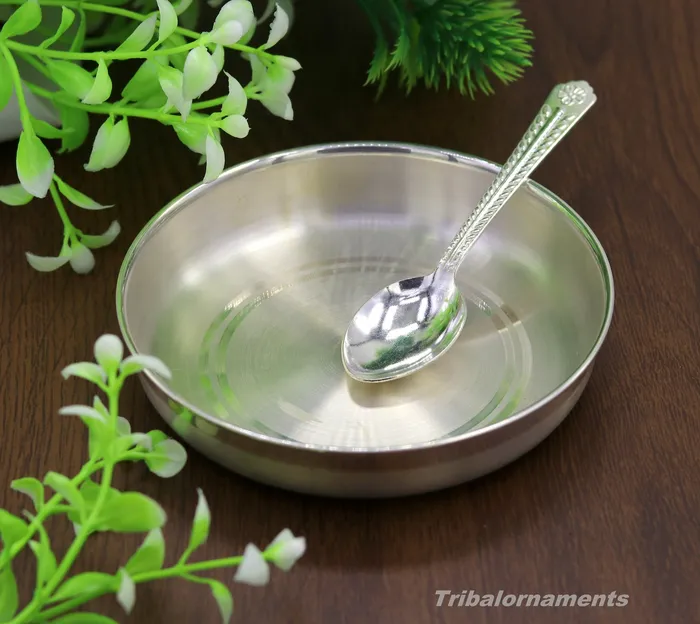 TRIBAL ORNAMENTS Necklaces Pure 999 solid fine silver handmade palate or tray with spoon excellent serving to baby kids food milk silver utensils vessels sv32 TRIBAL ORNAMENTS Necklaces Pure 999 solid fine silver handmade palate or tray with spoon excellent serving to baby kids food milk silver utensils vessels sv32