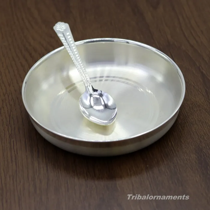 TRIBAL ORNAMENTS Necklaces Pure 999 solid fine silver handmade palate or tray with spoon excellent serving to baby kids food milk silver utensils vessels sv32