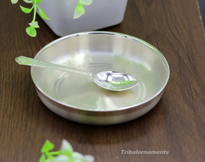 TRIBAL ORNAMENTS Necklaces Pure 999 solid fine silver handmade palate or tray with spoon excellent serving to baby kids food milk silver utensils vessels sv32