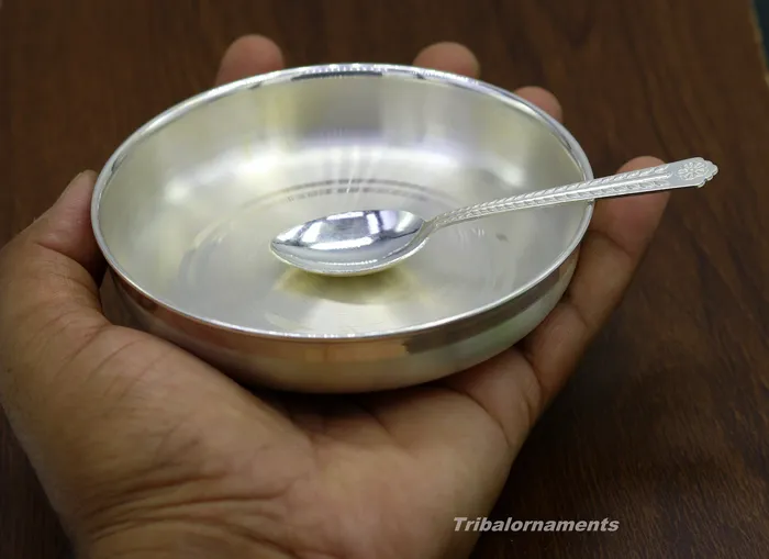 TRIBAL ORNAMENTS Necklaces Pure 999 solid fine silver handmade palate or tray with spoon excellent serving to baby kids food milk silver utensils vessels sv32