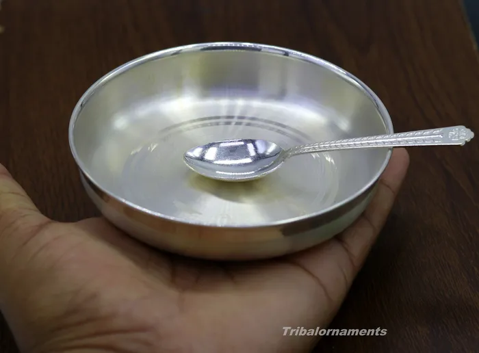 TRIBAL ORNAMENTS Necklaces Pure 999 solid fine silver handmade palate or tray with spoon excellent serving to baby kids food milk silver utensils vessels sv32