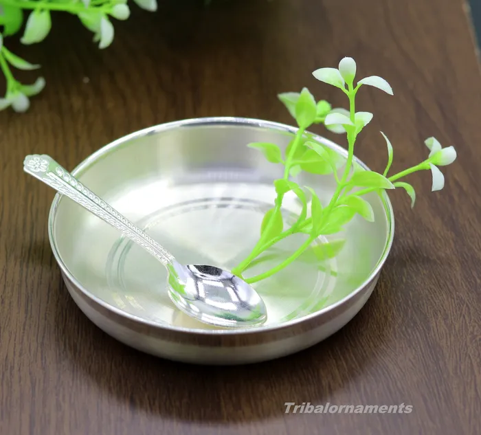 TRIBAL ORNAMENTS Necklaces Pure 999 solid fine silver handmade palate or tray with spoon excellent serving to baby kids food milk silver utensils vessels sv32