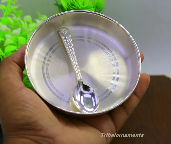 TRIBAL ORNAMENTS Necklaces Pure 999 solid fine silver handmade palate or tray with spoon excellent serving to baby kids food milk silver utensils vessels sv32