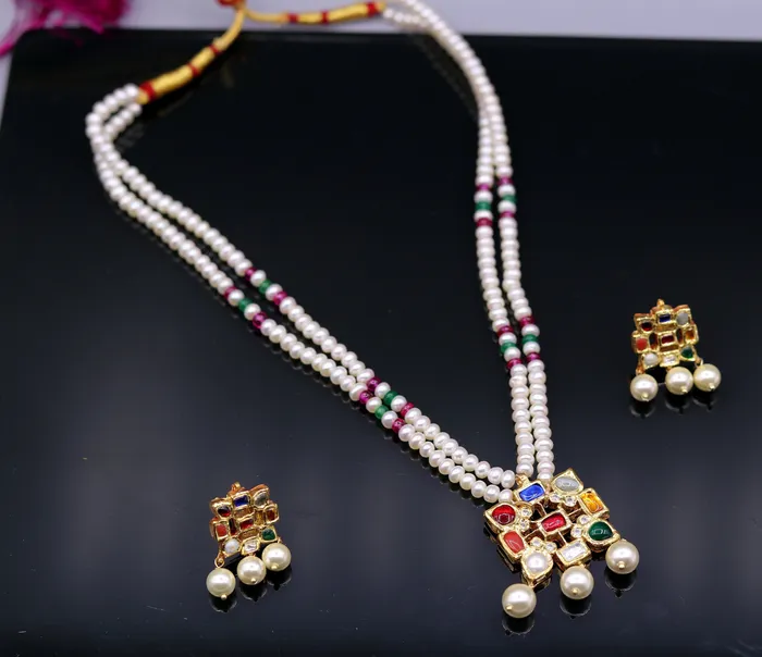 TRIBAL ORNAMENTS Necklaces Vintage antique design handmade 22kt yellow gold navratan stone kundan jadau necklace pendant set with earrings tribal jewelry india TRIBAL ORNAMENTS Necklaces Vintage antique design handmade 22kt yellow gold navratan stone kundan jadau necklace pendant set with earrings tribal jewelry india