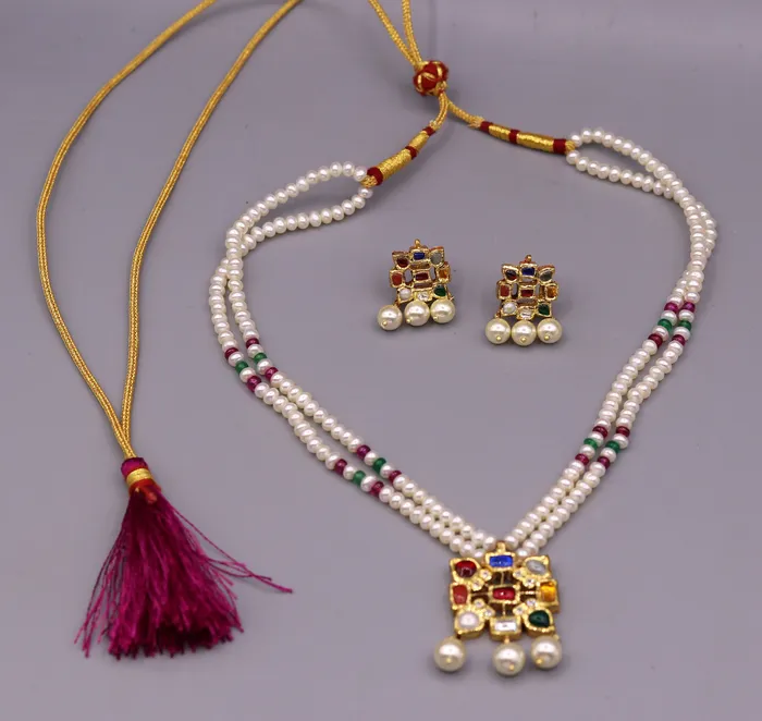 TRIBAL ORNAMENTS Necklaces Vintage antique design handmade 22kt yellow gold navratan stone kundan jadau necklace pendant set with earrings tribal jewelry india