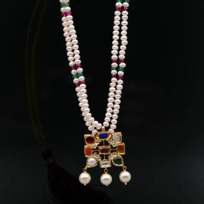 TRIBAL ORNAMENTS Necklaces Vintage antique design handmade 22kt yellow gold navratan stone kundan jadau necklace pendant set with earrings tribal jewelry india