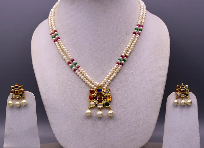 TRIBAL ORNAMENTS Necklaces Vintage antique design handmade 22kt yellow gold navratan stone kundan jadau necklace pendant set with earrings tribal jewelry india