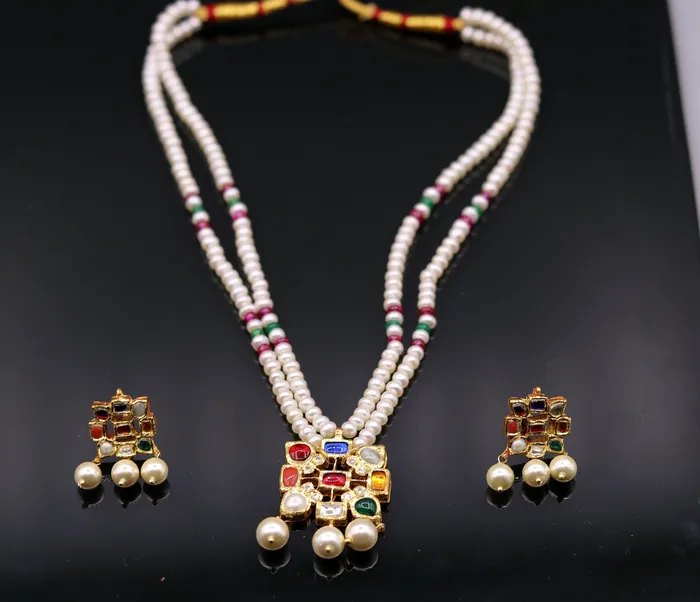 TRIBAL ORNAMENTS Necklaces Vintage antique design handmade 22kt yellow gold navratan stone kundan jadau necklace pendant set with earrings tribal jewelry india