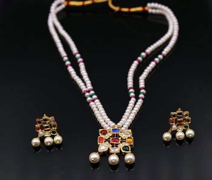TRIBAL ORNAMENTS Necklaces Vintage antique design handmade 22kt yellow gold navratan stone kundan jadau necklace pendant set with earrings tribal jewelry india