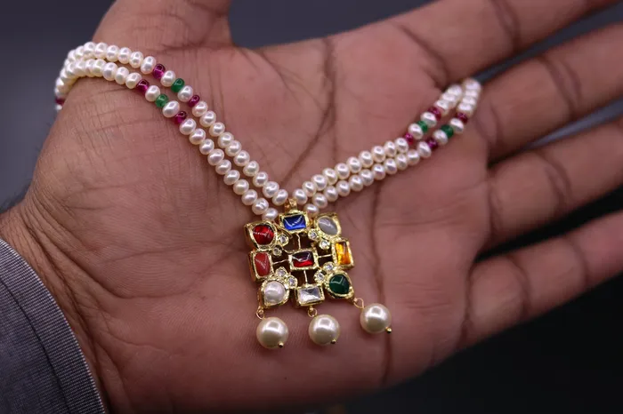 TRIBAL ORNAMENTS Necklaces Vintage antique design handmade 22kt yellow gold navratan stone kundan jadau necklace pendant set with earrings tribal jewelry india