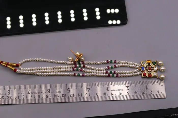 TRIBAL ORNAMENTS Necklaces Vintage antique design handmade 22kt yellow gold navratan stone kundan jadau necklace pendant set with earrings tribal jewelry india