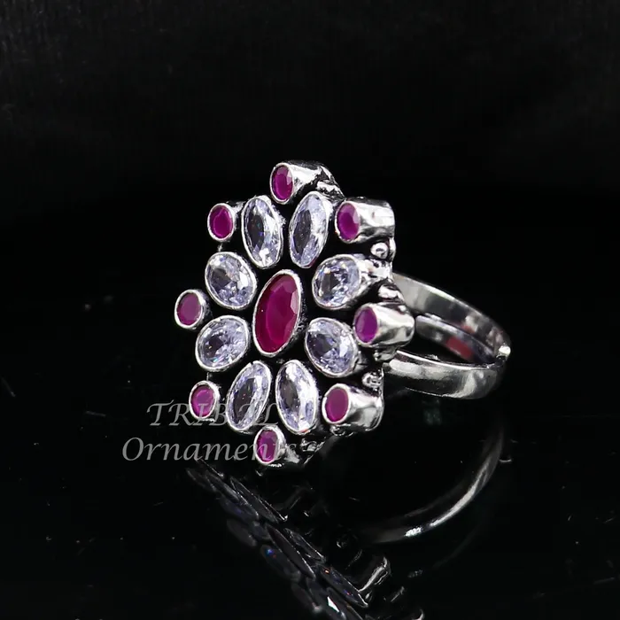 TRIBAL ORNAMENTS Rings 925 sterling silver handmade cubic zirconia and red stone ring adjustable for all sizes best girls gifting fashionable stylish ring sr357