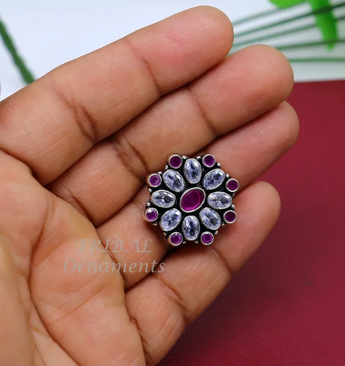TRIBAL ORNAMENTS Rings 925 sterling silver handmade cubic zirconia and red stone ring adjustable for all sizes best girls gifting fashionable stylish ring sr357