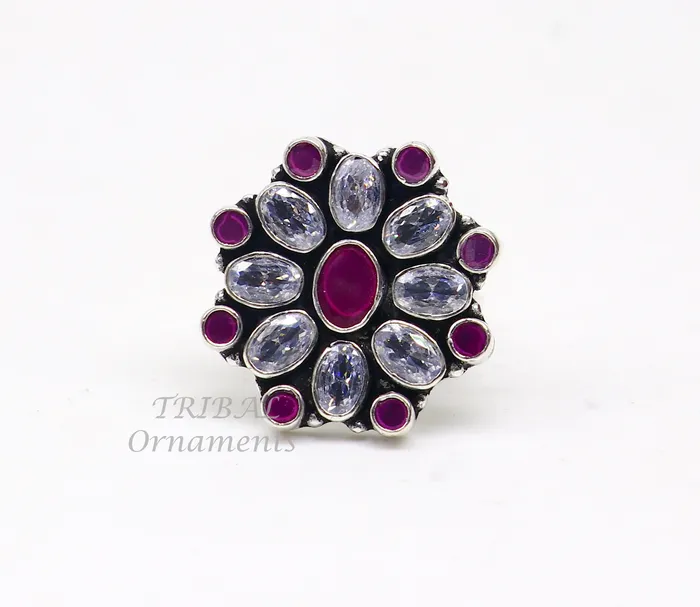 TRIBAL ORNAMENTS Rings 925 sterling silver handmade cubic zirconia and red stone ring adjustable for all sizes best girls gifting fashionable stylish ring sr357