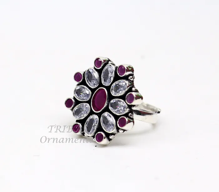 TRIBAL ORNAMENTS Rings 925 sterling silver handmade cubic zirconia and red stone ring adjustable for all sizes best girls gifting fashionable stylish ring sr357
