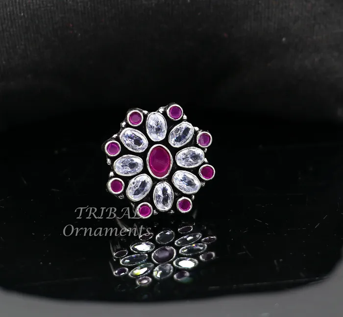 TRIBAL ORNAMENTS Rings 925 sterling silver handmade cubic zirconia and red stone ring adjustable for all sizes best girls gifting fashionable stylish ring sr357