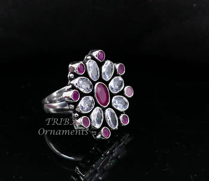 TRIBAL ORNAMENTS Rings 925 sterling silver handmade cubic zirconia and red stone ring adjustable for all sizes best girls gifting fashionable stylish ring sr357
