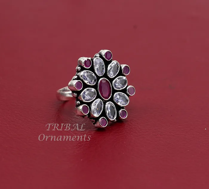TRIBAL ORNAMENTS Rings 925 sterling silver handmade cubic zirconia and red stone ring adjustable for all sizes best girls gifting fashionable stylish ring sr357