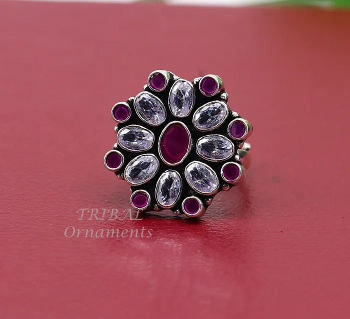 TRIBAL ORNAMENTS Rings 925 sterling silver handmade cubic zirconia and red stone ring adjustable for all sizes best girls gifting fashionable stylish ring sr357