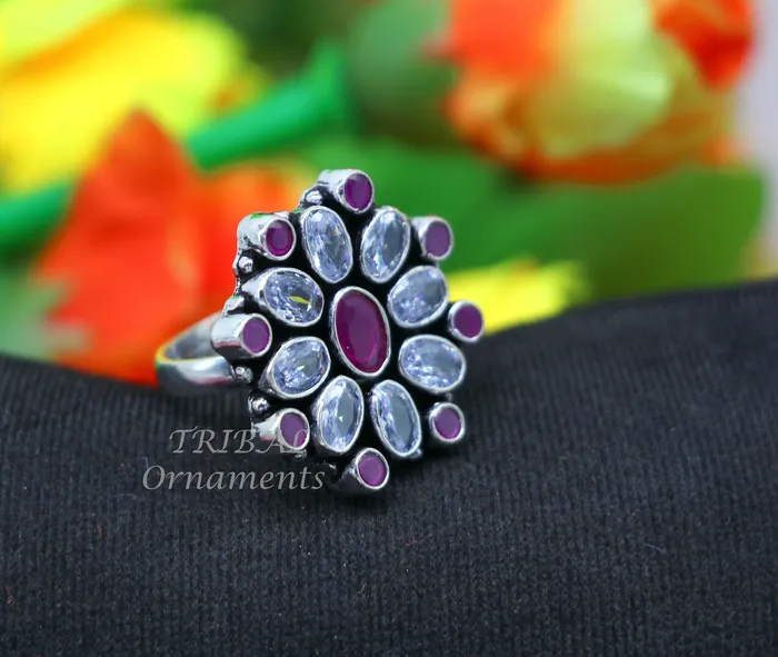 TRIBAL ORNAMENTS Rings 925 sterling silver handmade cubic zirconia and red stone ring adjustable for all sizes best girls gifting fashionable stylish ring sr357