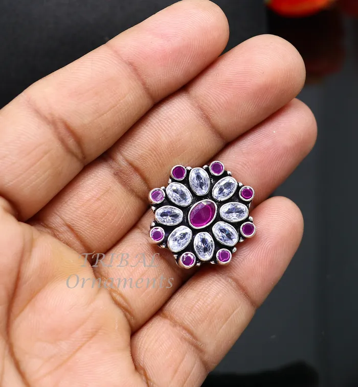 TRIBAL ORNAMENTS Rings 925 sterling silver handmade cubic zirconia and red stone ring adjustable for all sizes best girls gifting fashionable stylish ring sr357