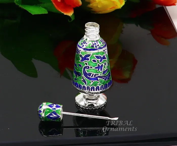 TRIBAL ORNAMENTS Rings 925 sterling silver handmade Sindoor box Kumkum box trinket box brides enamel meenakari jewelry collection from Rajasthan india stb719 TRIBAL ORNAMENTS Rings 925 sterling silver handmade Sindoor box Kumkum box trinket box brides enamel meenakari jewelry collection from Rajasthan india stb719