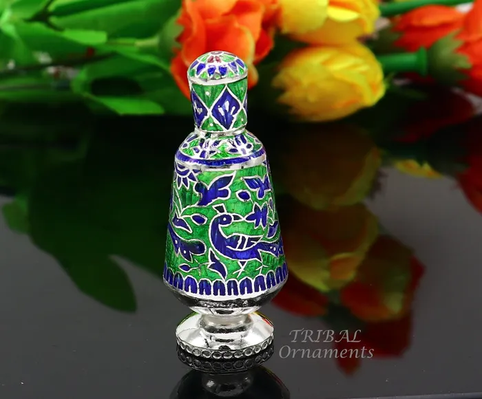 TRIBAL ORNAMENTS Rings 925 sterling silver handmade Sindoor box Kumkum box trinket box brides enamel meenakari jewelry collection from Rajasthan india stb719