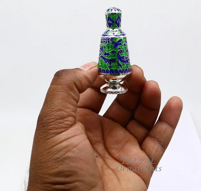 TRIBAL ORNAMENTS Rings 925 sterling silver handmade Sindoor box Kumkum box trinket box brides enamel meenakari jewelry collection from Rajasthan india stb719