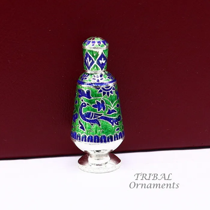 TRIBAL ORNAMENTS Rings 925 sterling silver handmade Sindoor box Kumkum box trinket box brides enamel meenakari jewelry collection from Rajasthan india stb719