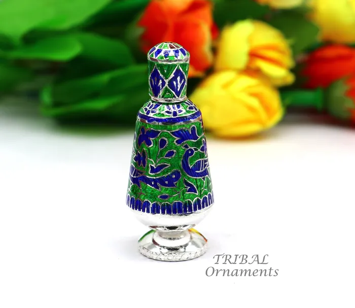 TRIBAL ORNAMENTS Rings 925 sterling silver handmade Sindoor box Kumkum box trinket box brides enamel meenakari jewelry collection from Rajasthan india stb719