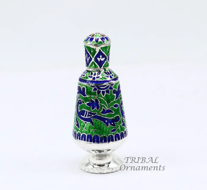 TRIBAL ORNAMENTS Rings 925 sterling silver handmade Sindoor box Kumkum box trinket box brides enamel meenakari jewelry collection from Rajasthan india stb719