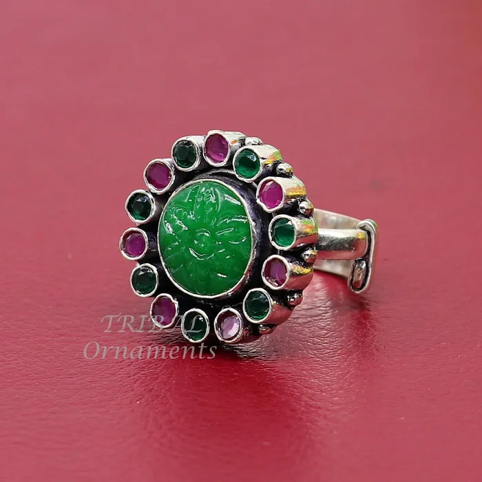 TRIBAL ORNAMENTS Rings Modern cultural fashionable green and red stone 925 sterling silver adjustable ring best gift for hergirls charming jewelry india sr356 TRIBAL ORNAMENTS Rings Modern cultural fashionable green and red stone 925 sterling silver adjustable ring best gift for hergirls charming jewelry india sr356