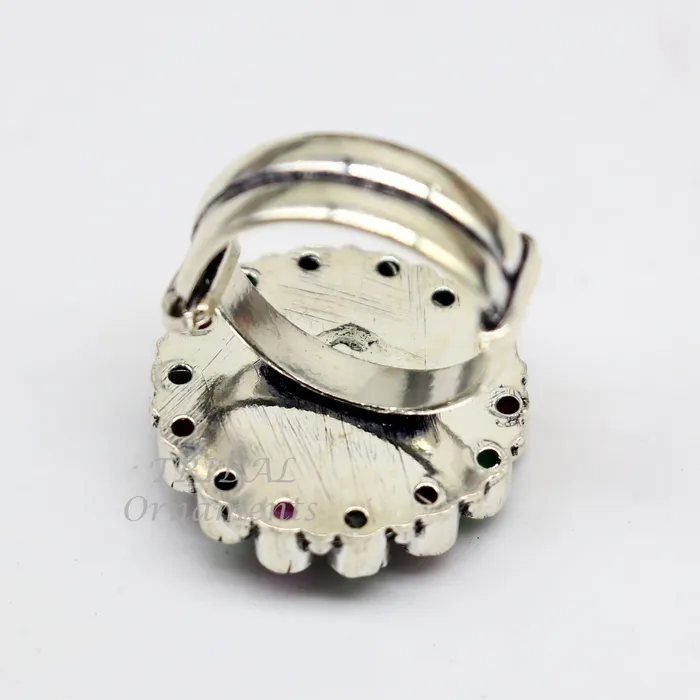 TRIBAL ORNAMENTS Rings Modern cultural fashionable green and red stone 925 sterling silver adjustable ring best gift for hergirls charming jewelry india sr356 TRIBAL ORNAMENTS Rings Modern cultural fashionable green and red stone 925 sterling silver adjustable ring best gift for hergirls charming jewelry india sr356