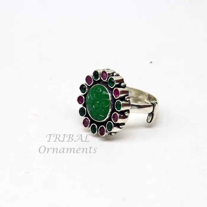 TRIBAL ORNAMENTS Rings Modern cultural fashionable green and red stone 925 sterling silver adjustable ring best gift for hergirls charming jewelry india sr356 TRIBAL ORNAMENTS Rings Modern cultural fashionable green and red stone 925 sterling silver adjustable ring best gift for hergirls charming jewelry india sr356