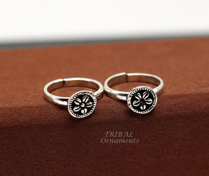 TRIBALORNAMENT Rings Floral design vintage style handmade 925 sterling silver adjustable toe ring band for brides or girls best personalized jewelry ytr75