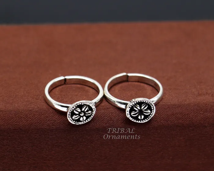 TRIBALORNAMENT Rings Floral design vintage style handmade 925 sterling silver adjustable toe ring band for brides or girls best personalized jewelry ytr75
