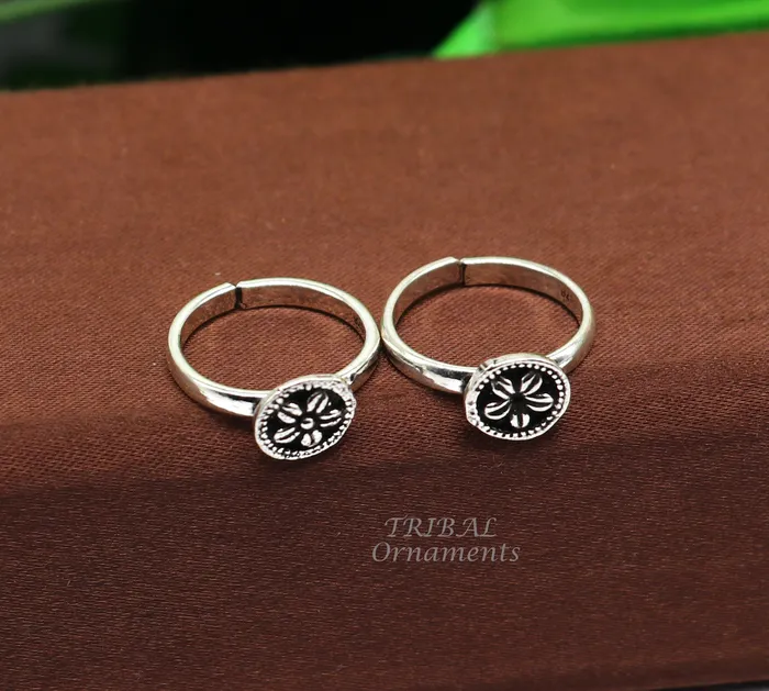 TRIBALORNAMENT Rings Floral design vintage style handmade 925 sterling silver adjustable toe ring band for brides or girls best personalized jewelry ytr75